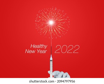 Healthy New Year 2022 Coronavirus Vaccination Target Concept 3d Illustration. Covid-19 Vaccine Syringe As Target 3D Rendering Isolated Grey Background.