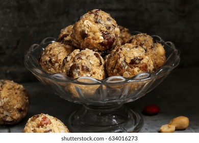 Healthy No Bake Peanut Butter Protein Balls Or Energy Bites, Selective Focus