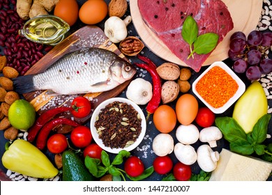 Healthy Nutrition Concept. Balanced Healthy Diet Food Background. Fresh Organic Vegetables, Fruit, Beans, Meat, Fish, Dairy Products. Top View. Cooking Ingredients. Organic Food. Clear Eating. Healthy