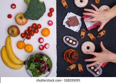 Healthy Nutrition Concept. Fruits And Vegetables Vs Sweets And Unhealthy Food.