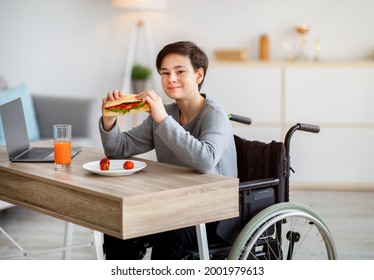 Healthy nutrition for disabled teen students. Happy teenager in wheelchair having breakfast, eating sandwich at home. Joyful handicapped adolescent having break from online studies, enjoying lunch