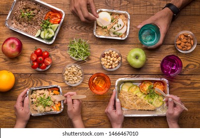 Healthy Nutrition For Whole Family With Food Delivery, Foil Take Away Boxes, Fruits, Nuts And Vegetables On Wooden Table