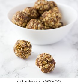 Healthy Oatmeal Snacks Energy Balls With Oats Almond Butter And Honey (selective Focus)