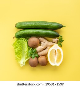 Healthy And Organic Food Flay Lay Concept On Yellow Background