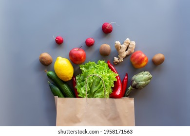 Healthy And Organic Food Flay Lay Concept On Gray Background