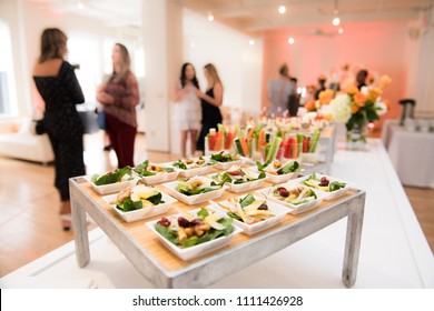 Healthy Organic Gluten-free Delicious Green Snacks Salads On Catering Table During Corporate Event Party