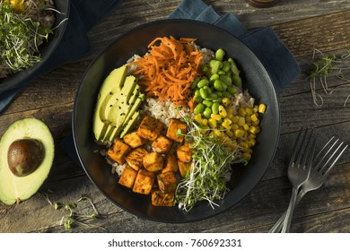 Healthy Organic Tofu and Rice Buddha Bowl with Veggies