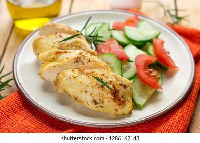 Healthy Oven Baked Chicken Breast With Mustard And Spices Served With Fresh Vegetables