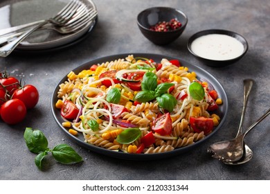 Healthy Pasta Salad With Zucchini Sweet Corn Tomato And Basil, Vegetarian Lunch