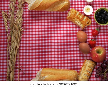 Healthy Picnic Food On Red Table Background Overhead Medium Shot