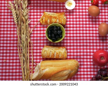 Healthy Picnic Food On Red Table Background Overhead Medium Shot