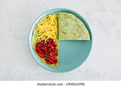 Healthy Plant-based Food Recipes Concept, Vegan Version Fo The Viral Layered Tortilla Wrap Hack With Red Peppers Grated Dairy-free Cheese Avocado And Refried Beans