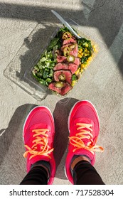 Healthy Prepared Food For Gym Meal Prep Paleo Diet Fitness Lifestyle. Woman Taking Top View Selfie Photo Of Her Takeaway Steak Salad Lunch Box At Home For Training Bodybuilders Crossfit Lifestyle.