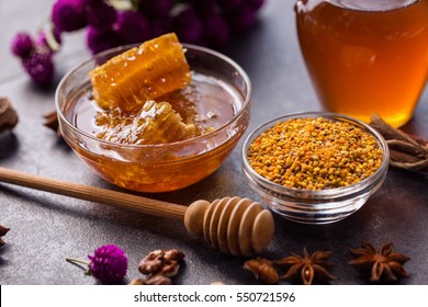 Healthy Product Of Bee- Honeycomb, Pollen, Propolis, Honey Concept
