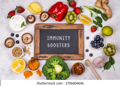 Healthy products - immunity boosters background. Fruits and vegetables for healthy immune system. Top view. Copy space