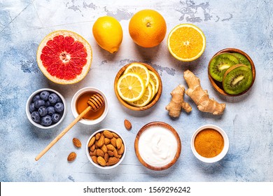 Healthy products for Immunity boosting and cold remedies, top view. - Shutterstock ID 1569296242