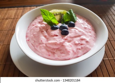 Healthy Protein Breakfast, Quark Dip, Linseed Oil With Omega 3, Fresh Fruits And Rustic Wholemeal Bread With Tomatoes On A Kitchen Board, Healthy And Concentrated Meal With Natural Food