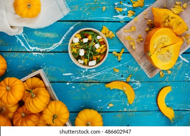 Healthy Pumpkin Salad With White Cheese Top View