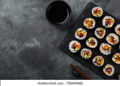 Healthy Rainbow Vegan Sushi Rolls With Fresh Vegetables, Top View, Copy Space