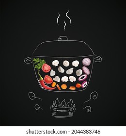 Healthy Recipe Concept. Creative collage sketch of food being prepared on drawn pot and stove on black background. Cooking vegetarian stew with sliced tomato, carrot, onion, pepper and mushrooms - Shutterstock ID 2044383746