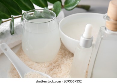 Healthy Rice Water On Table, Closeup