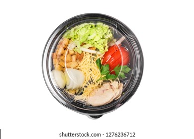 Healthy Salad Caesar In Plastic Package For Take Away Or Food Delivery Isolated On A White Background. Top View