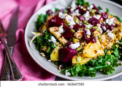 Healthy Salad With Grilled Chicken,kale.beets And Goat Cheese