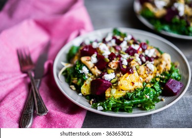 Healthy Salad With Grilled Chicken,kale.beets And Goat Cheese