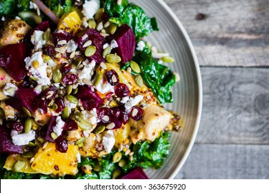 Healthy Salad With Grilled Chicken,kale.beets And Goat Cheese