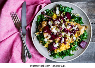 Healthy Salad With Grilled Chicken,kale.beets And Goat Cheese