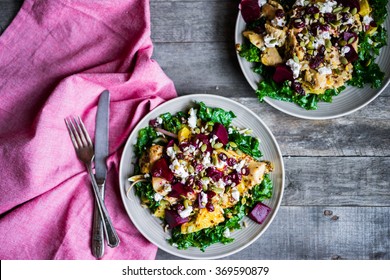 Healthy Salad With Grilled Chicken,kale.beets And Goat Cheese