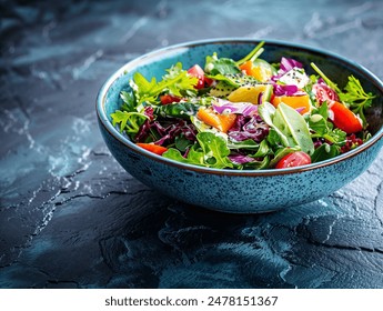 Healthy salad in modrn ceramic bowl on dark slate table - Powered by Shutterstock