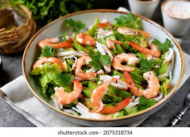 Healthy Salad Of Shrimp, Snow Crab, Avocado, Flaxseed, Lettuce, Olive Oil And Lemon Juice.