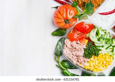 Healthy Salad With Tuna, Corn, Cucumber And Tomatoes In Lunch Box On White Wooden Background, Top View, Copy Space. Clean And Dieting Food