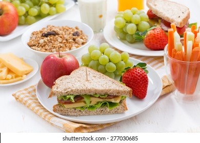 healthy school breakfast with fresh fruits and vegetables, horizontal