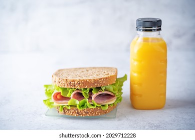 Healthy School Lunch With A Sandwich And Juice. Toning. Selective Focus