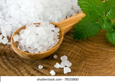 Healthy Sea Salt On Wooden Spoon Closeup