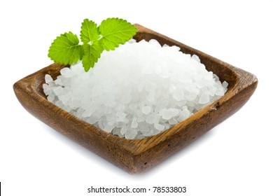 Healthy Sea Salt In Wooden Bowl Closeup