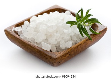 Healthy Sea Salt In Wooden Bowl Closeup