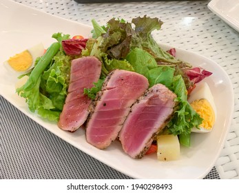 Healthy Seared Ahi Tuna Salad On White Dish