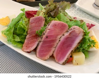 Healthy Seared Ahi Tuna Salad On White Dish