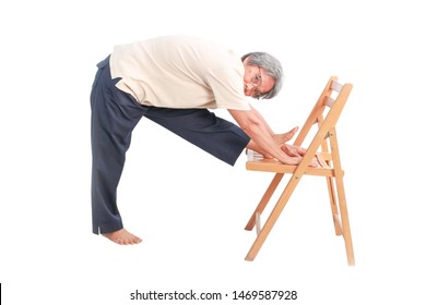 Healthy senior Asian women do exercises with chair, sport elderly lady practice yoga isolated on white background, Mature female warms up muscles, body flexibility and fitness lifestyle concept.