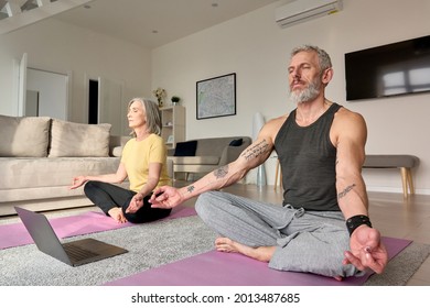 Healthy Serene Old Mid Aged Senior Couple Meditating Doing Virtual Yoga Poses, Learning Breathing Online Exercises In Living Room At Home. Digital Fitness Training Classes For Mental Health Concept.