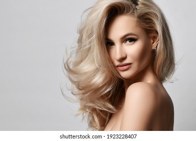 Healthy skin beautiful woman beauty skin and hair portrait natural make up. Blonde woman face clean healthy skin natural female spa glamour portrait on grey background - Shutterstock ID 1923228407