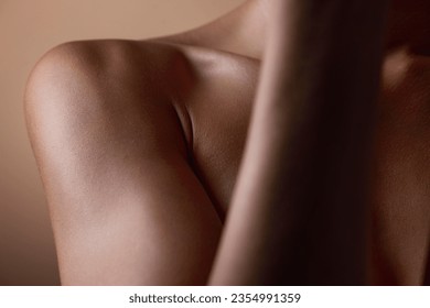 Healthy, skin and body closeup on woman, shoulder or natural glow and skincare texture in studio with cosmetics. Beauty, self care and arm of female model with clean, hygiene and aesthetic wellness - Shutterstock ID 2354991359
