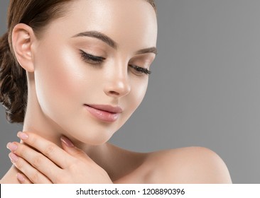 Healthy Skin Woman Beautiful Face Close Up Over Gray Background