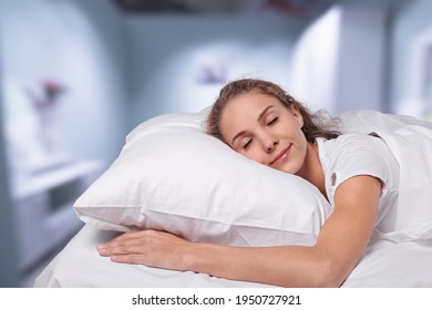 Healthy Sleeping, Sleep Hygiene Concept. Smiling Pretty Young Woman In Her Bed At Home,