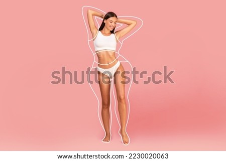 Healthy Slimming. Happy Young Woman With Perfect Body And Fat Silhouette Outlines Around It Posing In Underwear Over Pink Studio Background, Cheerful Female Enjoying Result Of Weight Loss, Collage