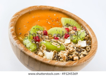 Similar – Smoothie with fruit,cereals and chia on white wooden table