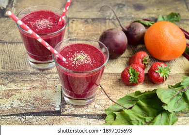 Healthy Smoothie Made From Beetroot, Strawberry, Orange, Beetroot Leaves And Hemp Seeds